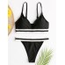 Women Striped Trim Spaghetti Straps Backless Bikini Thong Swimsuit