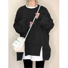 Women Thick Loose Side Fork Solid Color Puff Sleeve Pullover Sweatshirt