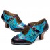  Genuine Leather Retro Fashion Floral Colorblock Comfy Breathable Hollow Mary Jane Heels