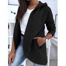 Women Loose Pocket Solid Color Long Sleeve Casual Hooded Sweatshirt