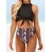 Women Leopard Print Tie Front High Neck Hot High Waist Bikini