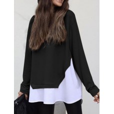 Women Loose Spliced Solid O  Neck Pullover Long Sleeve Casual Sweatshirt